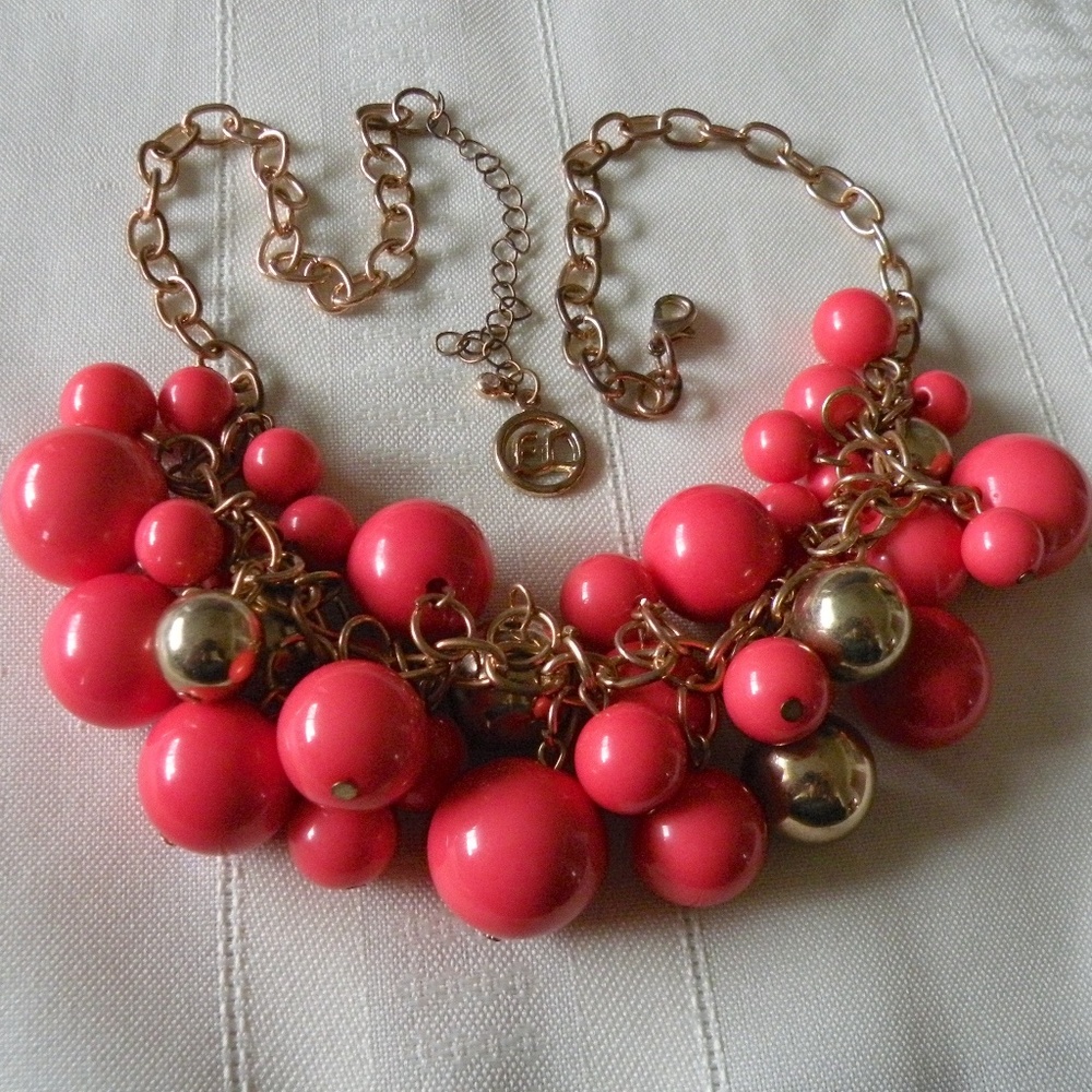 Erica Lyons Coral Orange & Gold Tone Ball Bead Chunky Chain Necklace